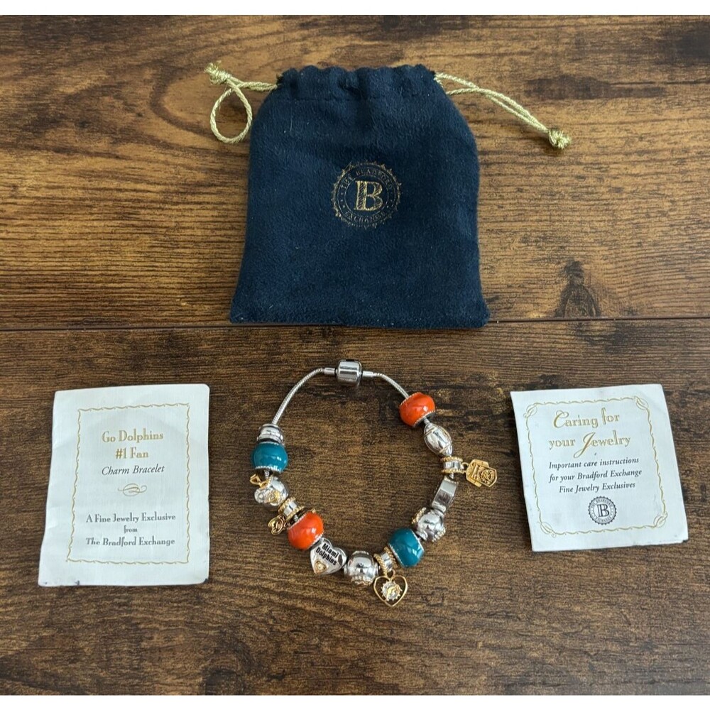 The Bradford Exchange GO DOLPHINS #1 Fan Charm Bracelet COA 7.5"